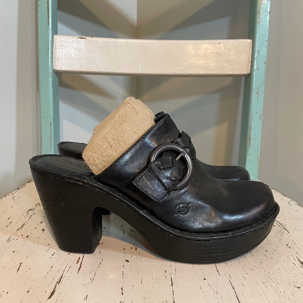 Born Black Leather Platform Clog Mules Braided Buckle D04403 Size 8 EU 39‎ Shoes